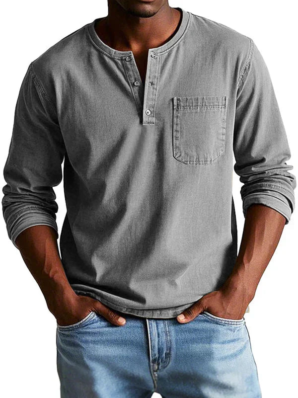 Jayciel Men’s Shirt | Long Sleeve Henley Shirt with Partial Button Placket and Chest Pocket for Autumn