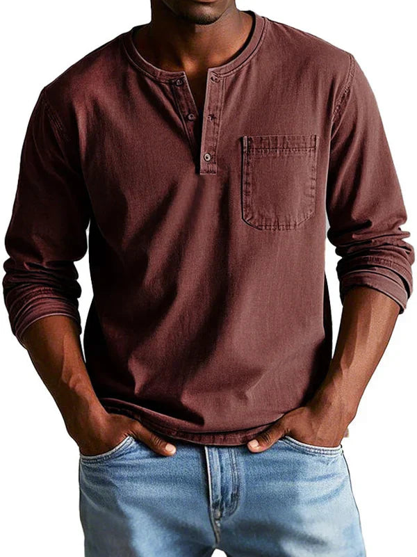 Jayciel Men’s Shirt | Long Sleeve Henley Shirt with Partial Button Placket and Chest Pocket for Autumn