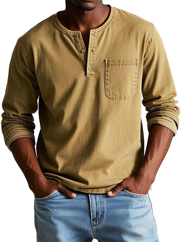Jayciel Men’s Shirt | Long Sleeve Henley Shirt with Partial Button Placket and Chest Pocket for Autumn