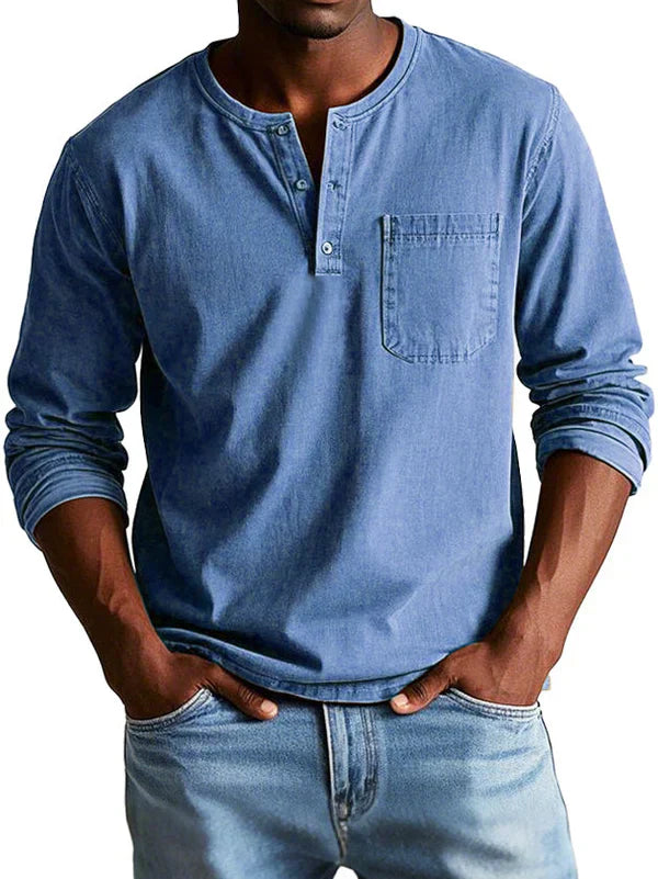 Jayciel Men’s Shirt | Long Sleeve Henley Shirt with Partial Button Placket and Chest Pocket for Autumn
