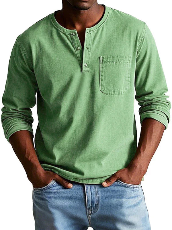 Jayciel Men’s Shirt | Long Sleeve Henley Shirt with Partial Button Placket and Chest Pocket for Autumn