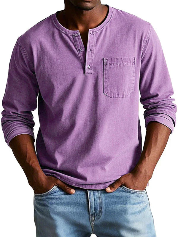 Jayciel Men’s Shirt | Long Sleeve Henley Shirt with Partial Button Placket and Chest Pocket for Autumn