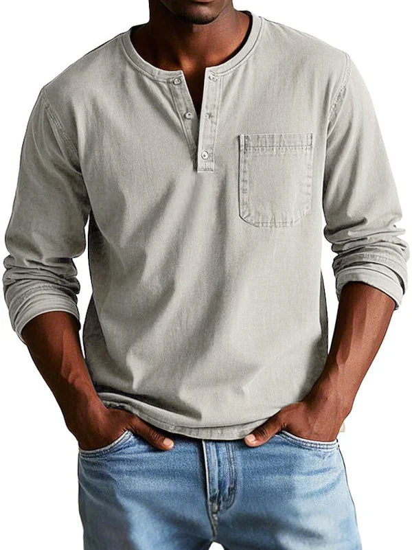 Jayciel Men’s Shirt | Long Sleeve Henley Shirt with Partial Button Placket and Chest Pocket for Autumn