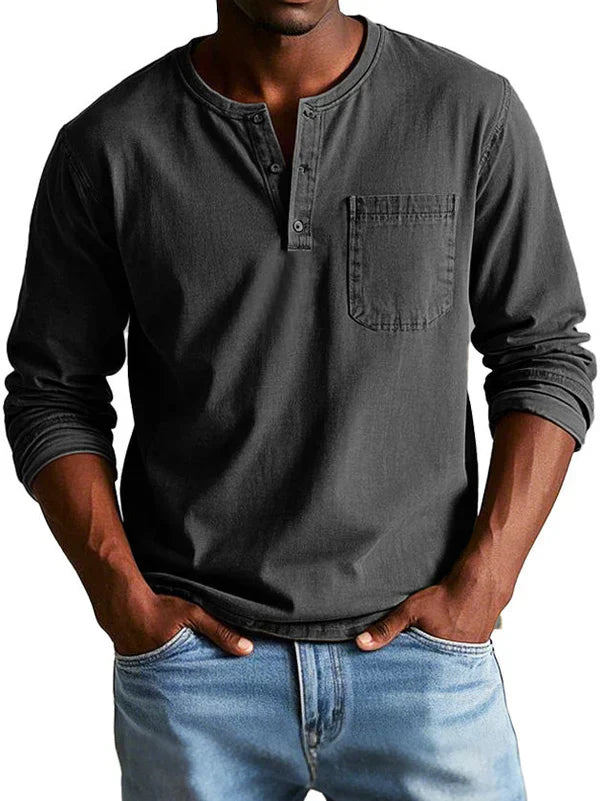 Jayciel Men’s Shirt | Long Sleeve Henley Shirt with Partial Button Placket and Chest Pocket for Autumn