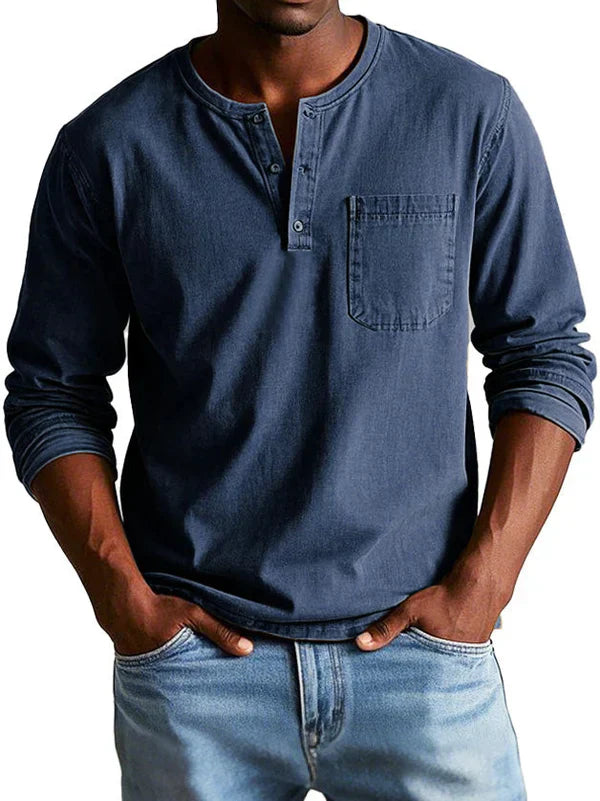 Jayciel Men’s Shirt | Long Sleeve Henley Shirt with Partial Button Placket and Chest Pocket for Autumn
