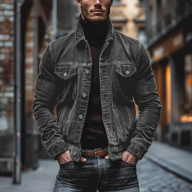 Jalenzo Men’s Jacket | Corduroy Button-Up Jacket with Chest Pockets and Shirt Collar for Autumn
