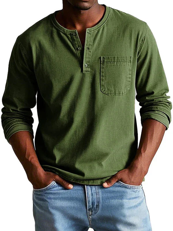 Jayciel Men’s Shirt | Long Sleeve Henley Shirt with Partial Button Placket and Chest Pocket for Autumn