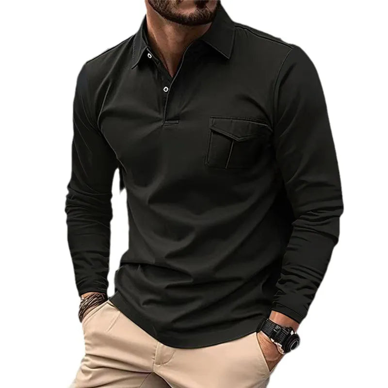 Hollis Men’s Long-Sleeve Polo Shirt | Classic Design with Front Pocket