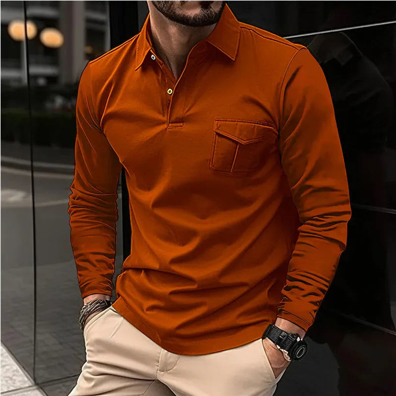 Hollis Men’s Long-Sleeve Polo Shirt | Classic Design with Front Pocket