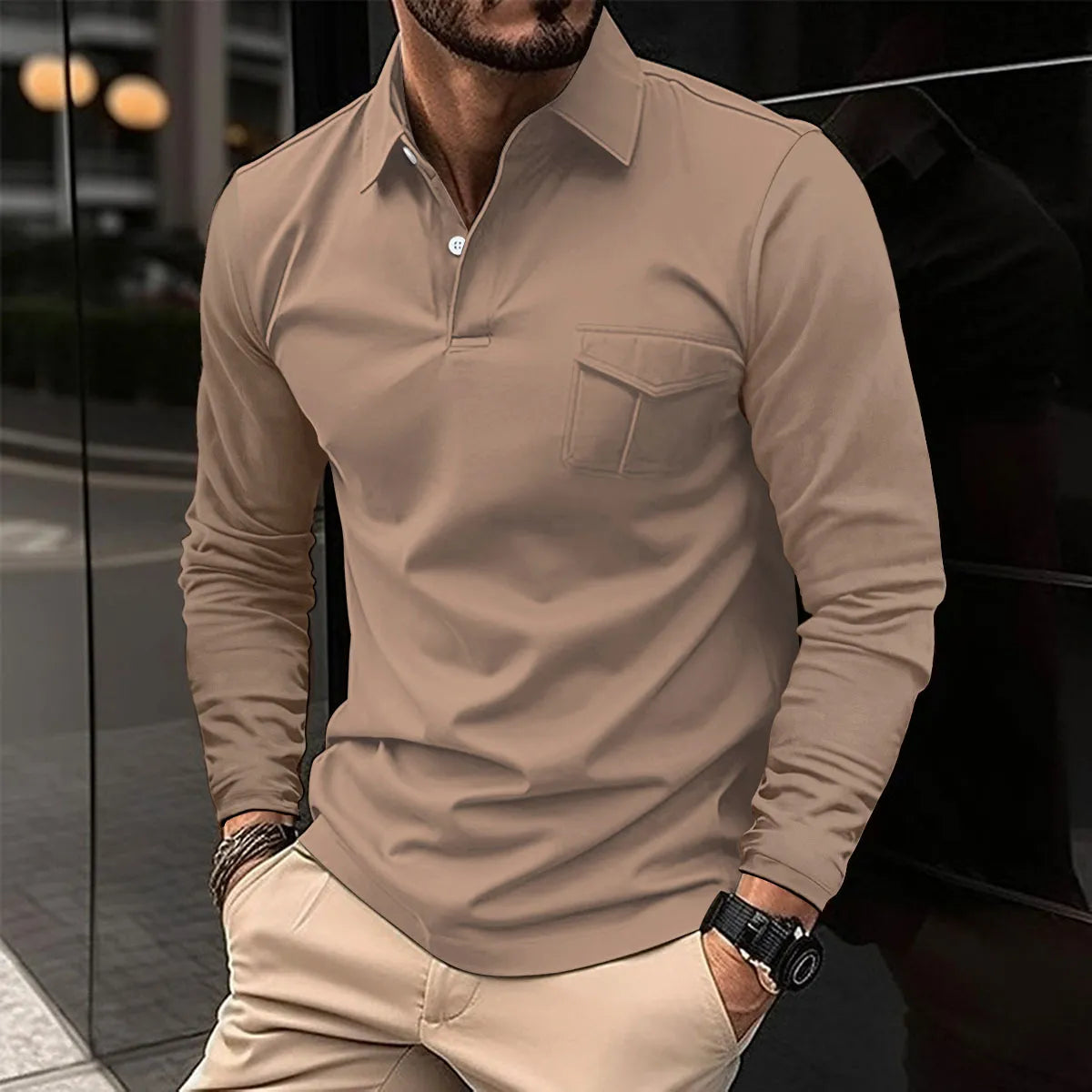 Hollis Men’s Long-Sleeve Polo Shirt | Classic Design with Front Pocket