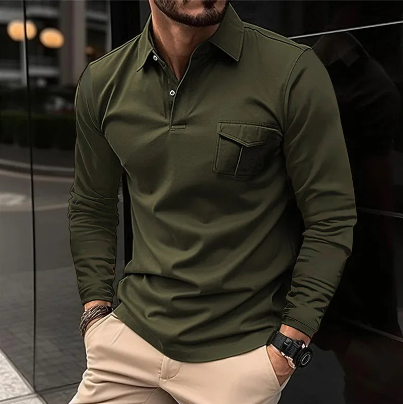 Hollis Men’s Long-Sleeve Polo Shirt | Classic Design with Front Pocket