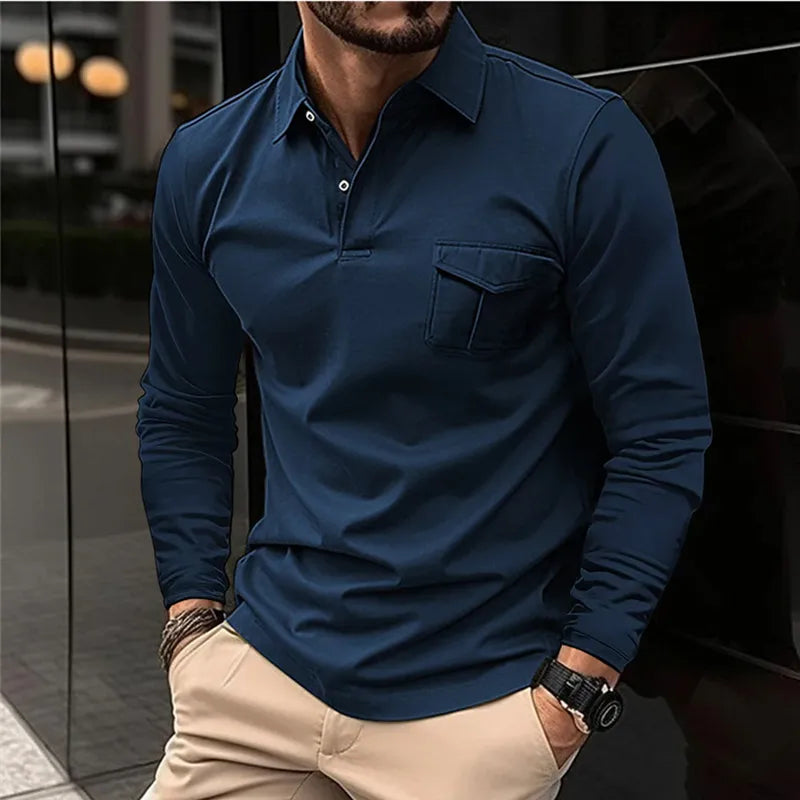 Hollis Men’s Long-Sleeve Polo Shirt | Classic Design with Front Pocket