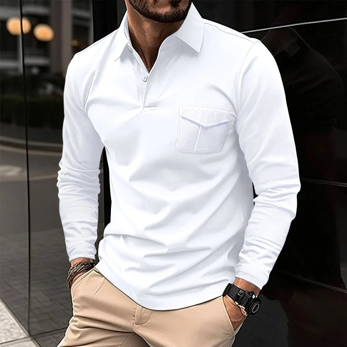 Hollis Men’s Long-Sleeve Polo Shirt | Classic Design with Front Pocket