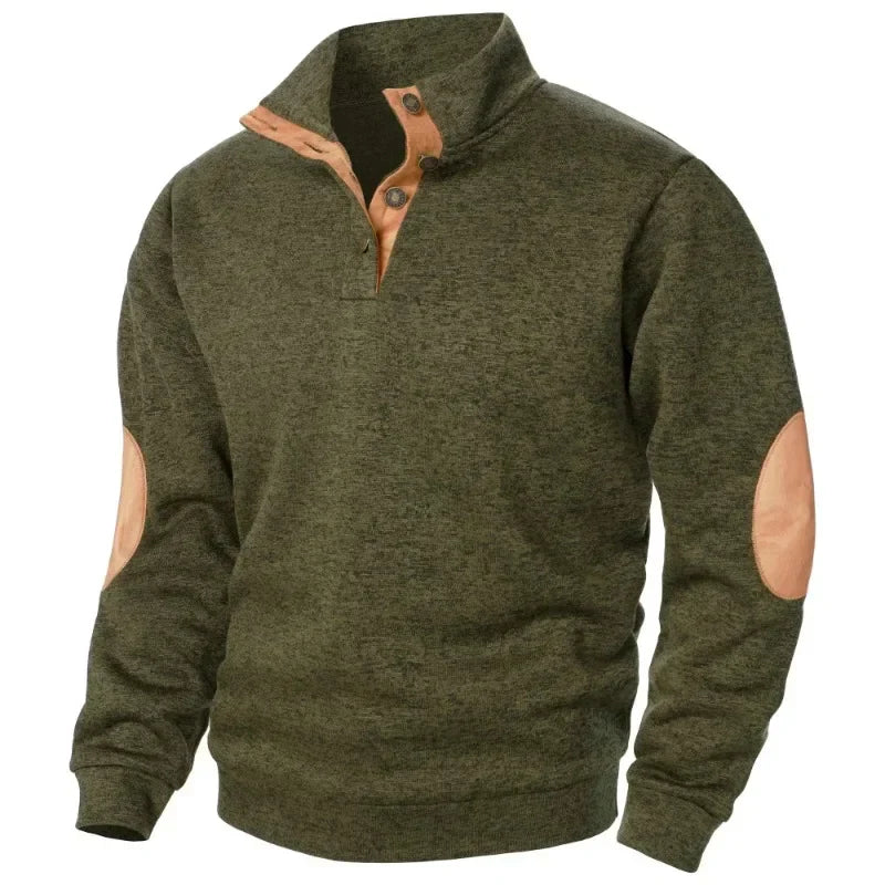 Jamir Men’s Jumper | Stand Collar Pullover Jumper with Button Placket and Suede Elbow Patches for Autumn