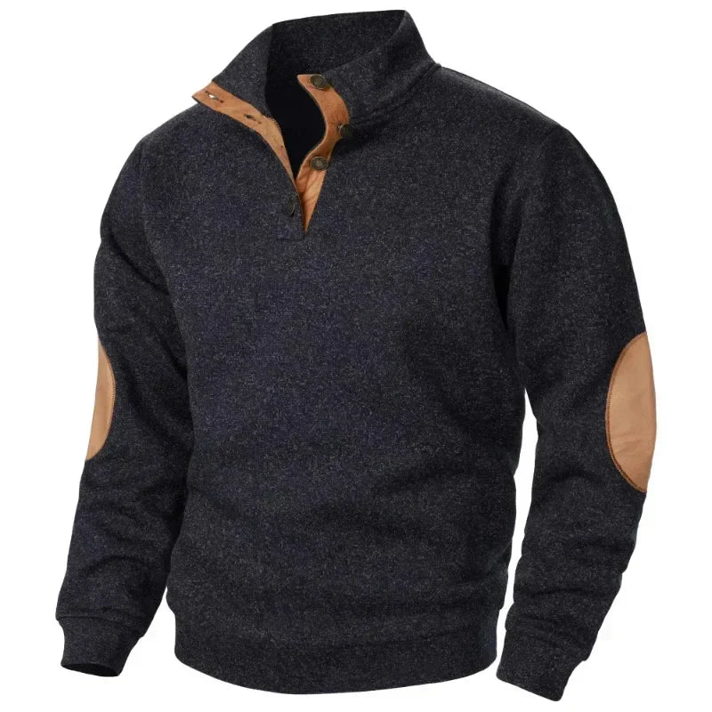 Jamir Men’s Jumper | Stand Collar Pullover Jumper with Button Placket and Suede Elbow Patches for Autumn