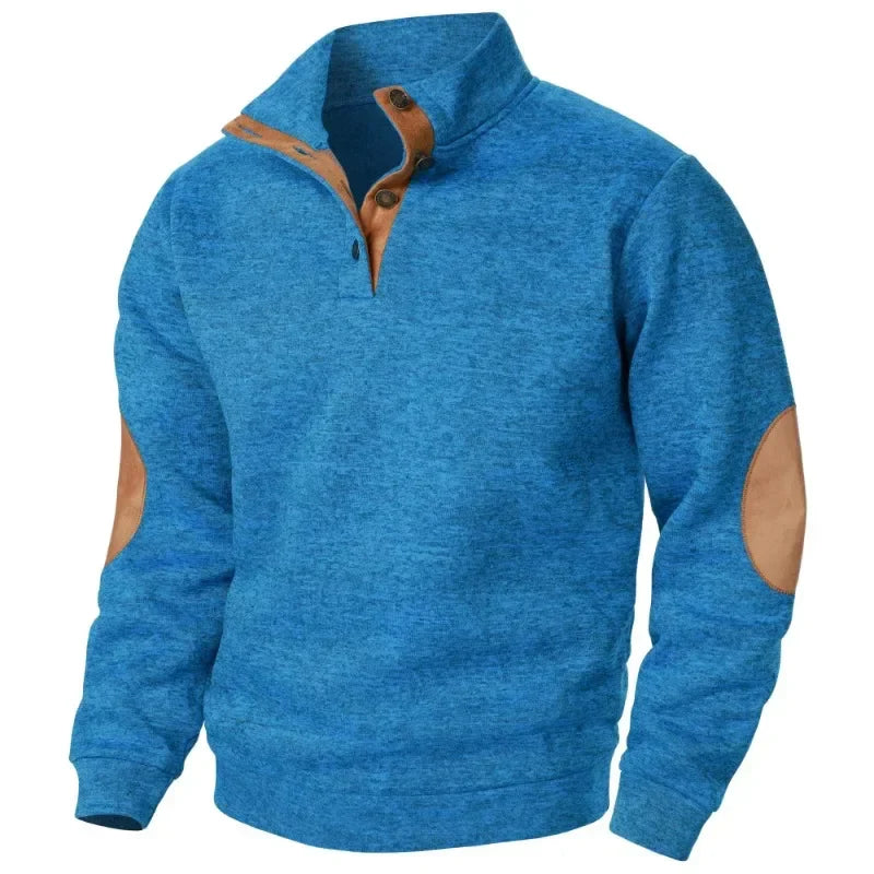 Jamir Men’s Jumper | Stand Collar Pullover Jumper with Button Placket and Suede Elbow Patches for Autumn