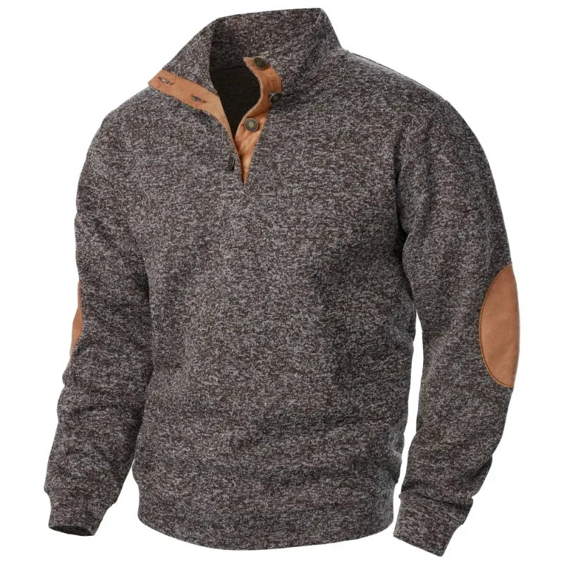 Jamir Men’s Jumper | Stand Collar Pullover Jumper with Button Placket and Suede Elbow Patches for Autumn