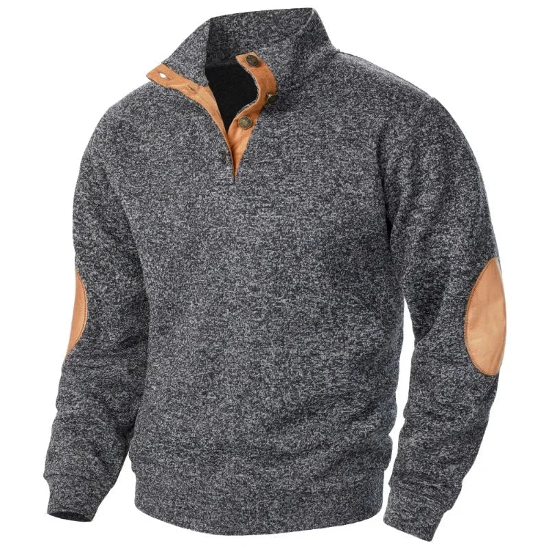 Jamir Men’s Jumper | Stand Collar Pullover Jumper with Button Placket and Suede Elbow Patches for Autumn
