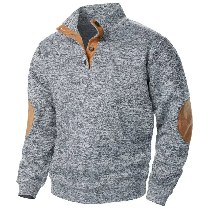 Jamir Men’s Jumper | Stand Collar Pullover Jumper with Button Placket and Suede Elbow Patches for Autumn