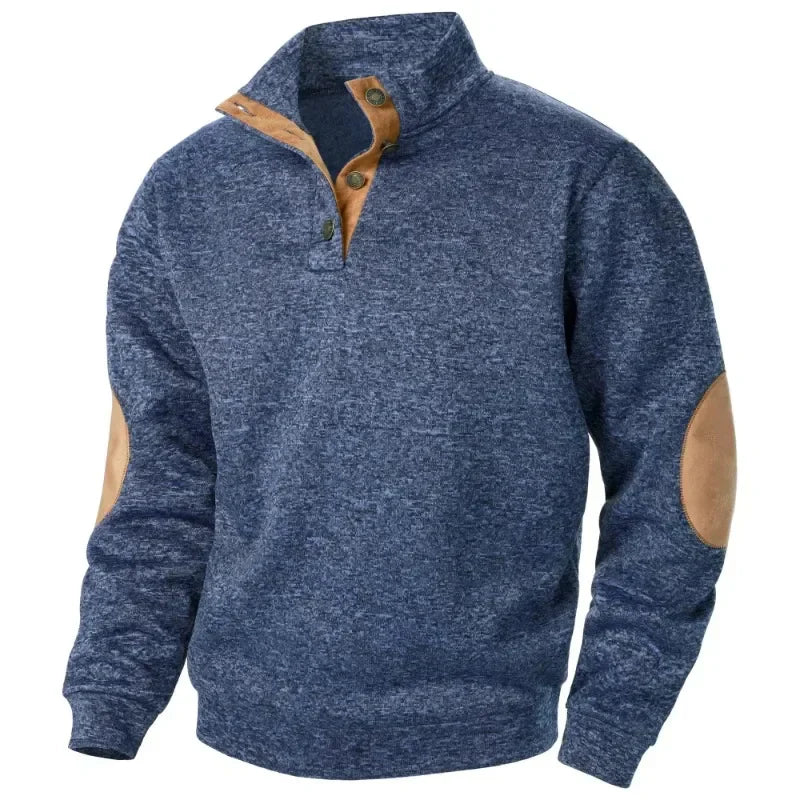 Jamir Men’s Jumper | Stand Collar Pullover Jumper with Button Placket and Suede Elbow Patches for Autumn