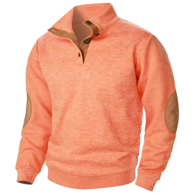 Jamir Men’s Jumper | Stand Collar Pullover Jumper with Button Placket and Suede Elbow Patches for Autumn
