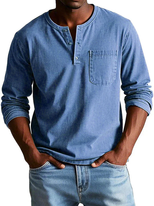 Jayciel Men’s Shirt | Long Sleeve Henley Shirt with Partial Button Placket and Chest Pocket for Autumn