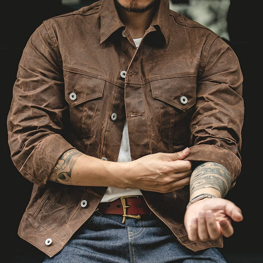 Jadiel Men’s Jacket | Waxed Canvas Jacket with Zip Front, Button Placket, and Multiple Pockets for Autumn