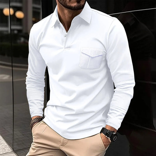 Hollis Men’s Long-Sleeve Polo Shirt | Classic Design with Front Pocket