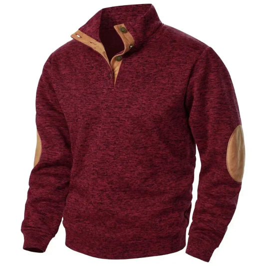 Jamir Men’s Jumper | Stand Collar Pullover Jumper with Button Placket and Suede Elbow Patches for Autumn